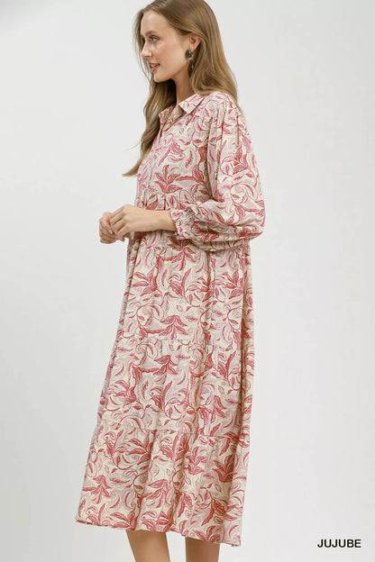 Umgee Linen Botanical Print Tiered Midi Dress