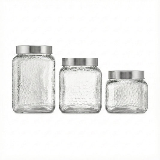 Jay Companies Hammered Square 3Pc Canister Set W/Silver Lid 75Oz, 64Oz, 43Oz, 5.03X5.03X7.87", 5.03X5.03X6.49",  5.03X5.03X4.92"