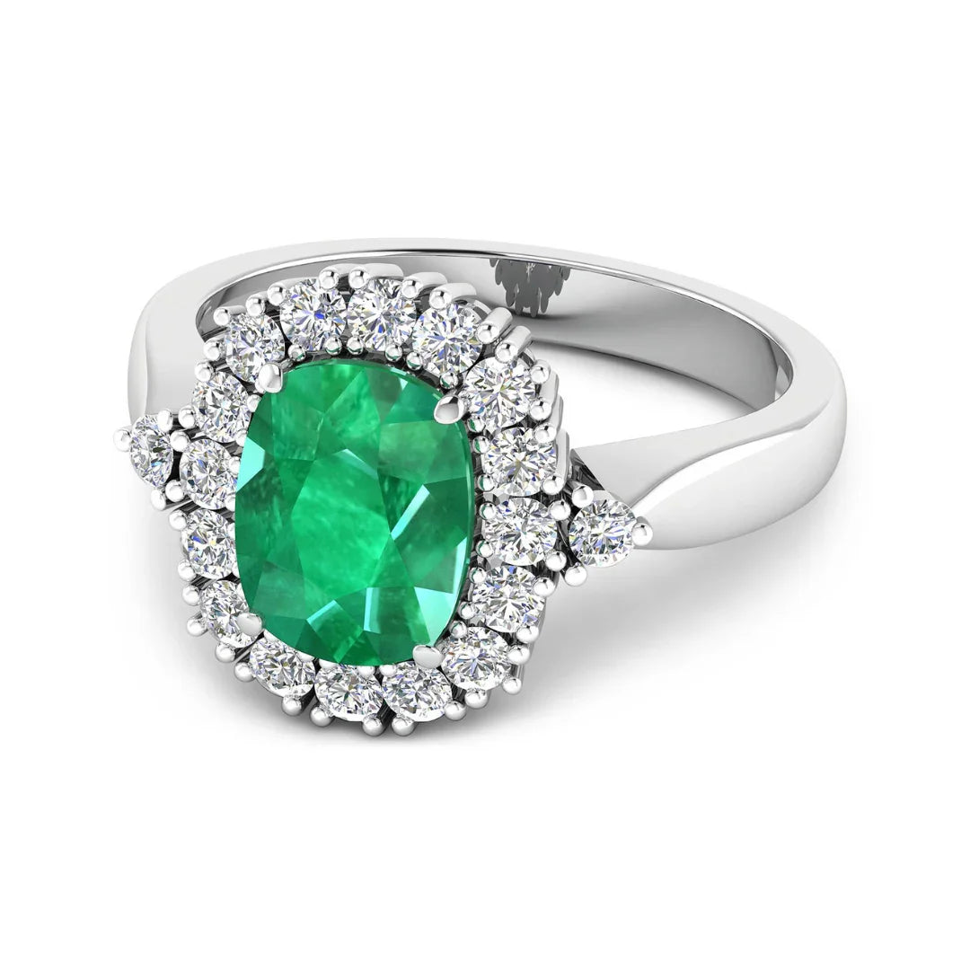 2.28 Ct Cushion Green Zambian Emerald and White Diamond prong 14k Gold Halo Statement Ring