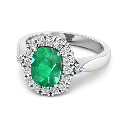2.28 Ct Cushion Green Zambian Emerald and White Diamond prong 14k Gold Halo Statement Ring