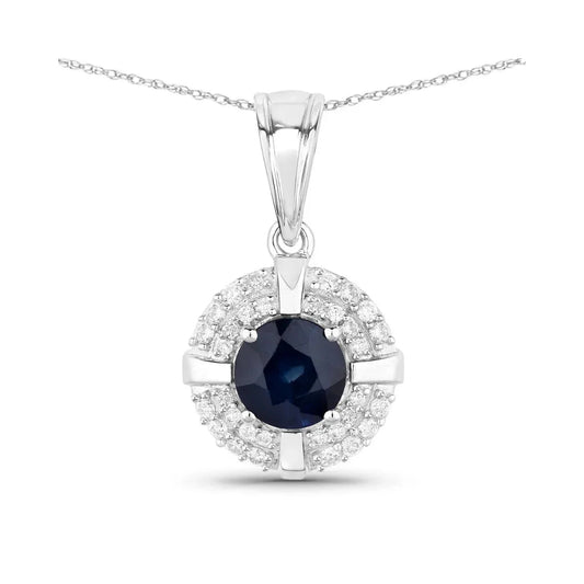 Genuine 10K Blue Sapphire Diamond Halo Pendant