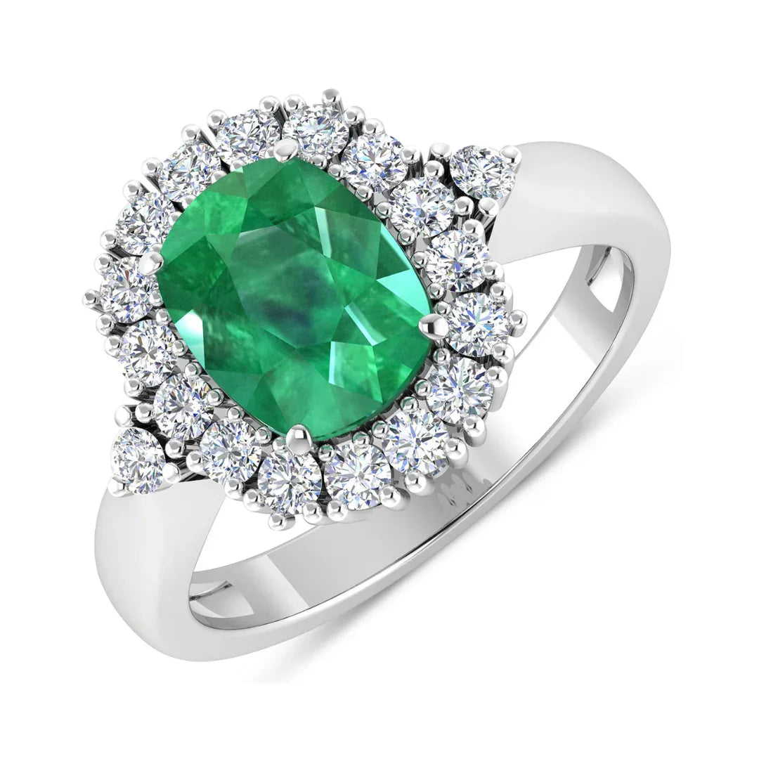 2.28 Ct Cushion Green Zambian Emerald and White Diamond prong 14k Gold Halo Statement Ring