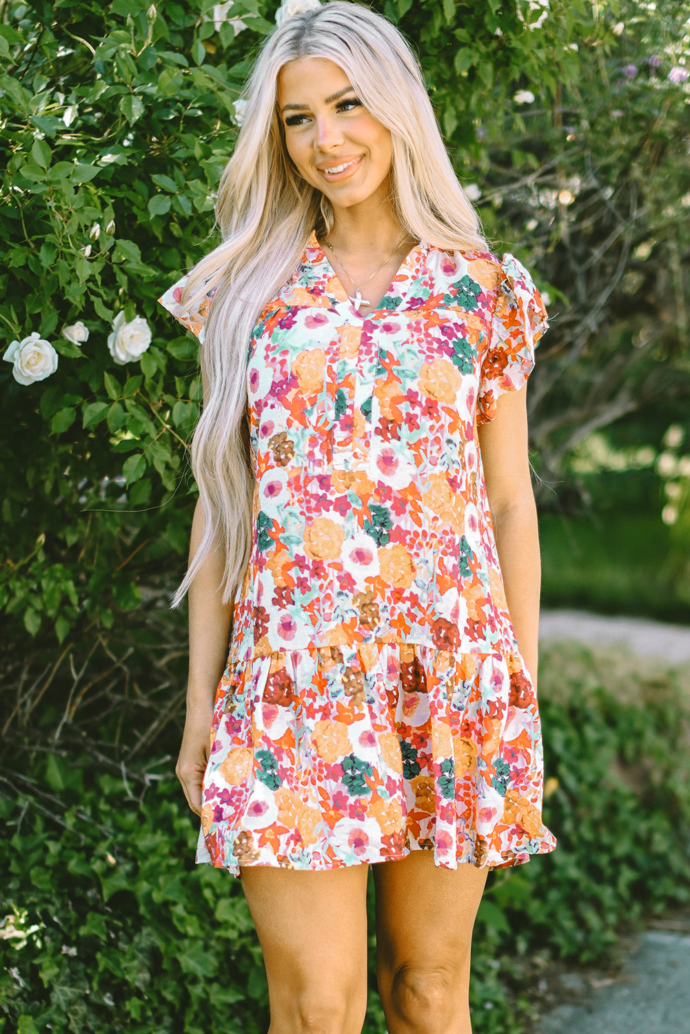 Threaded Pear August Floral Print Split Neck Flutter Sleeve Dress