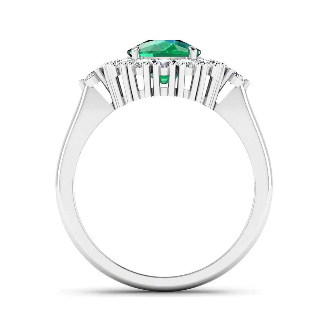 2.28 Ct Cushion Green Zambian Emerald and White Diamond prong 14k Gold Halo Statement Ring
