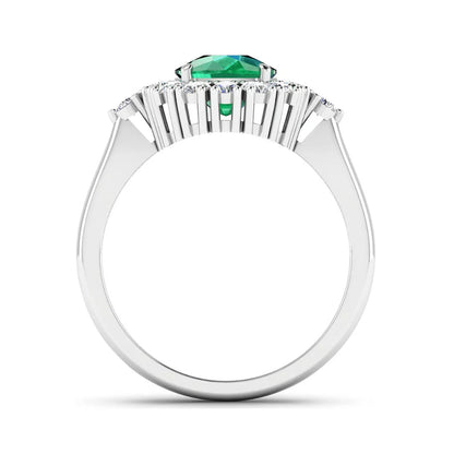 2.28 Ct Cushion Green Zambian Emerald and White Diamond prong 14k Gold Halo Statement Ring