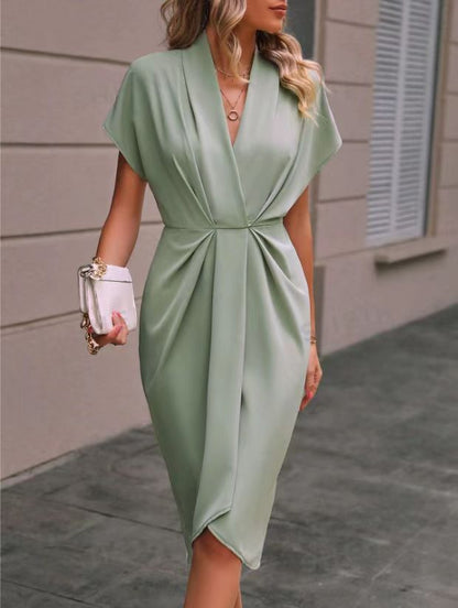 Pleated A-Line Midi Dress – V-Neck Sleeveless Summer Dress