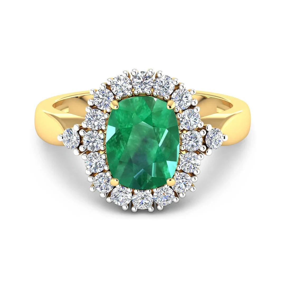 2.28 Ct Cushion Green Zambian Emerald and White Diamond prong 14k Gold Halo Statement Ring