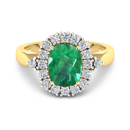 2.28 Ct Cushion Green Zambian Emerald and White Diamond prong 14k Gold Halo Statement Ring