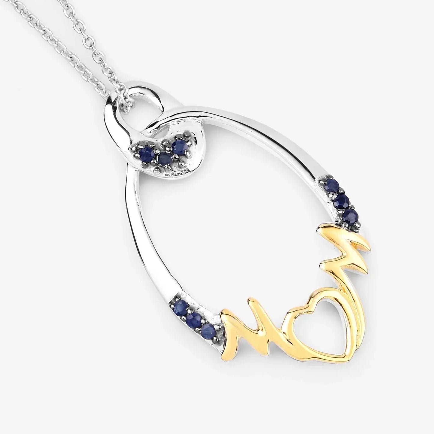 Round Blue Sapphire Prong Silver Mom Pendant Necklace