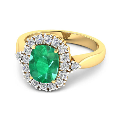 2.28 Ct Cushion Green Zambian Emerald and White Diamond prong 14k Gold Halo Statement Ring