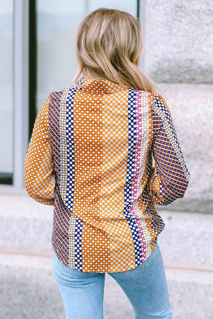 Threaded Pear Brown Dot Print Long Sleeve Button Down Shift PLUS Shirt