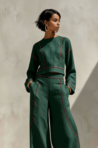 Women's Cropped Long-Sleeve Top & Ultra-Wide Palazzo Pants Set