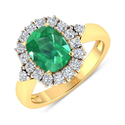 2.28 Ct Cushion Green Zambian Emerald and White Diamond prong 14k Gold Halo Statement Ring