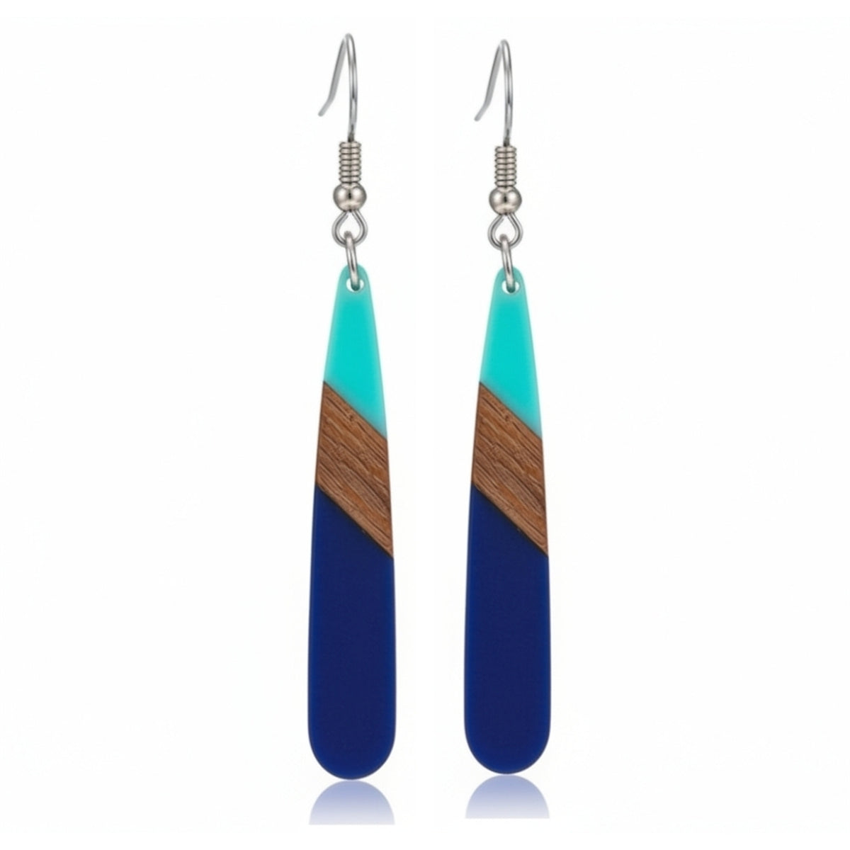 Mint Green & Navy Resin Wood Silvertone Color-Block Teardrop Hook Earrings