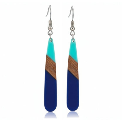Mint Green & Navy Resin Wood Silvertone Color-Block Teardrop Hook Earrings