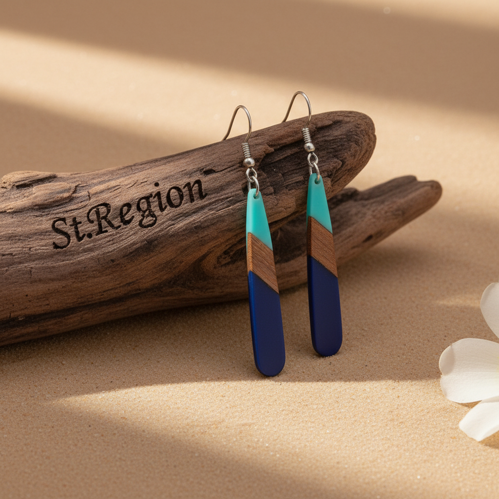 Mint Green & Navy Resin Wood Silvertone Color-Block Teardrop Hook Earrings