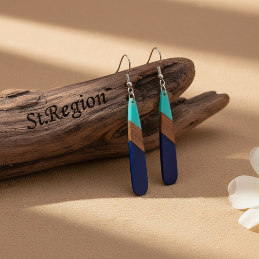 Mint Green & Navy Resin Wood Silvertone Color-Block Teardrop Hook Earrings