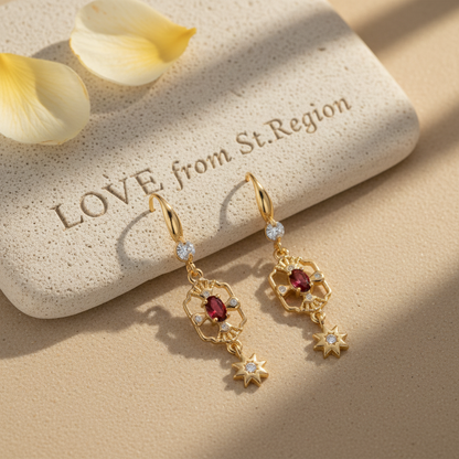 Red Crystal & Cubic Zirconia Goldtone Scalloped Edge Starburst Hook Earrings