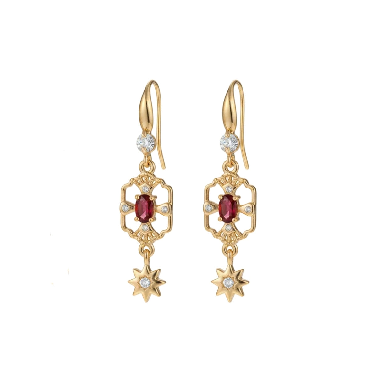 Red Crystal & Cubic Zirconia Goldtone Scalloped Edge Starburst Hook Earrings
