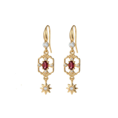 Red Crystal & Cubic Zirconia Goldtone Scalloped Edge Starburst Hook Earrings