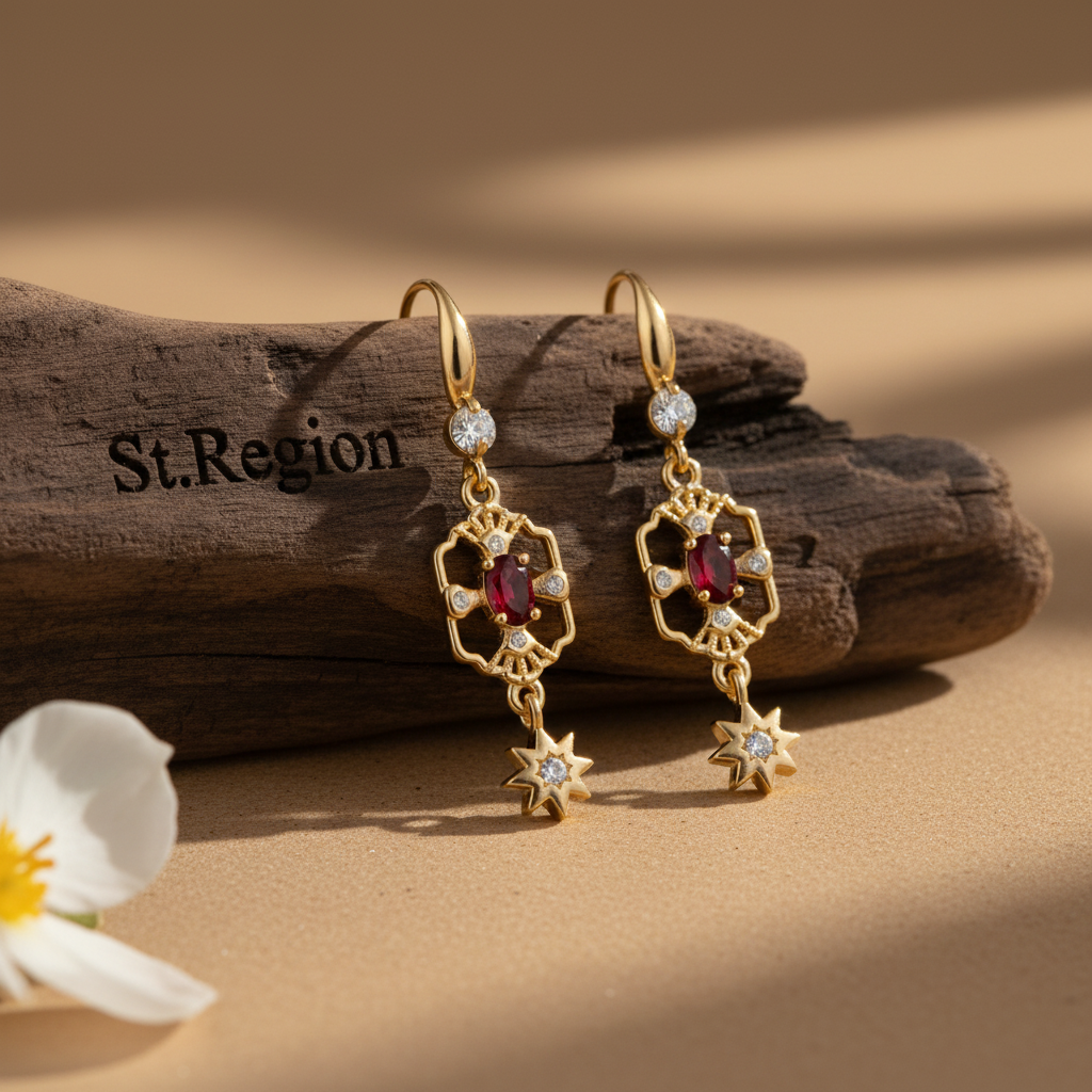 Red Crystal & Cubic Zirconia Goldtone Scalloped Edge Starburst Hook Earrings