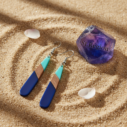 Mint Green & Navy Resin Wood Silvertone Color-Block Teardrop Hook Earrings
