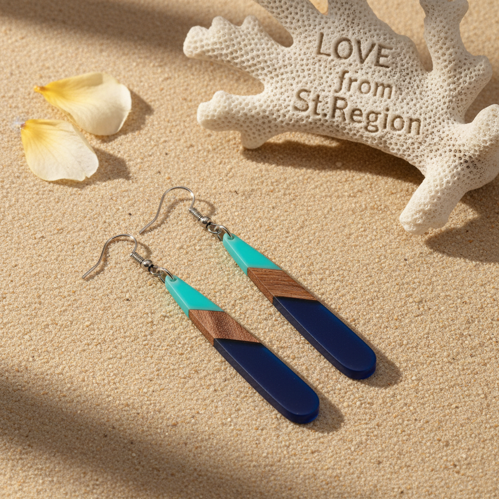 Mint Green & Navy Resin Wood Silvertone Color-Block Teardrop Hook Earrings