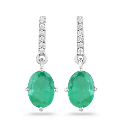 1.44 Ct Oval Green Zambian Emerald Diamond Prong 10K Gold Dangle Earrings