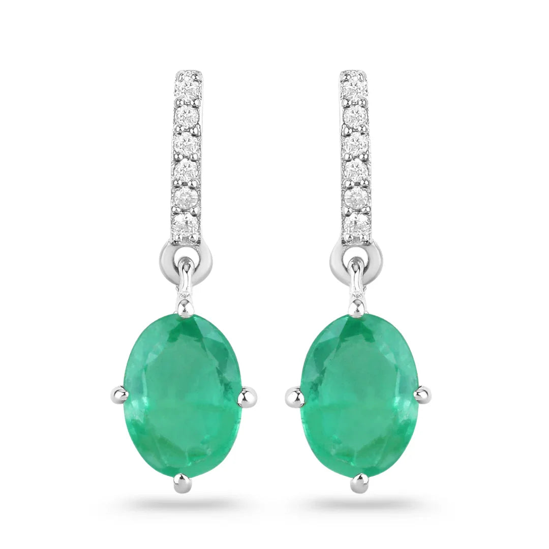 1.44 Ct Oval Green Zambian Emerald Diamond Prong 10K Gold Dangle Earrings