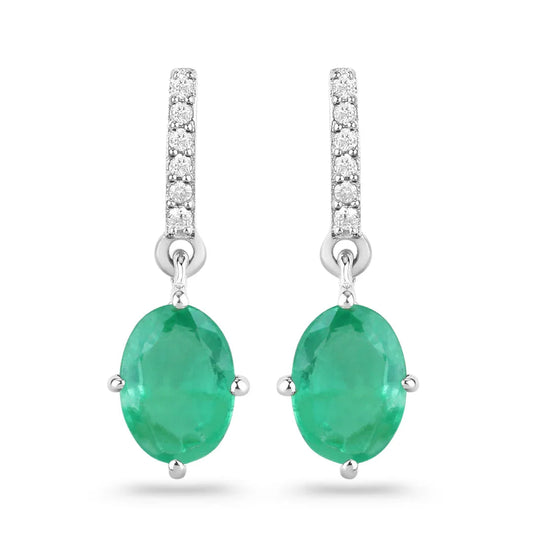 1.44 Ct Oval Green Zambian Emerald Diamond Prong 10K Gold Dangle Earrings