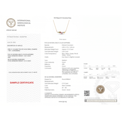 IGI Certified 0.64 Ct Baguette Multi Color Unheated Sapphire and Diamond 14K Yellow Gold Asymmetrical Bar Necklace