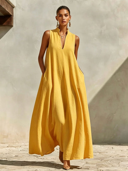 zulily linen dresses Linen Blend Sleeveless Stand-Collar Maxi Dress 5 Colors S3XL Yellow / 2XL