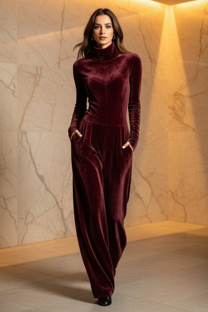 Women's Velvet Mock Turtleneck Chevron-Seam Fitted Bodice Balloon-Leg Jumpsuit