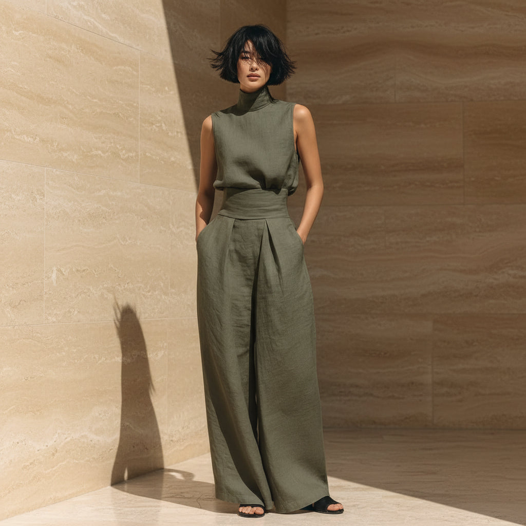 Women's Linen-Blend High-Neck Sleeveless Top & Wide-Leg Pants Set
