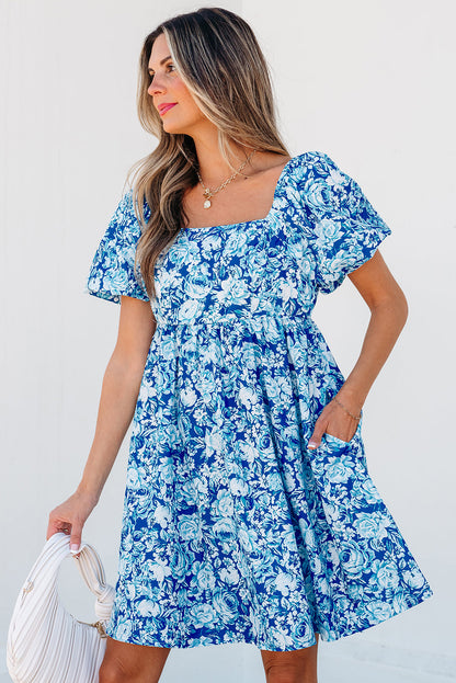 Threaded Pear Azalea Floral Puff Sleeve Babydoll Mini Dress