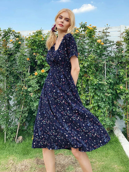 Women's V-Neck Floral Print Dress - A-Line Waisted Summer Maxi Dress