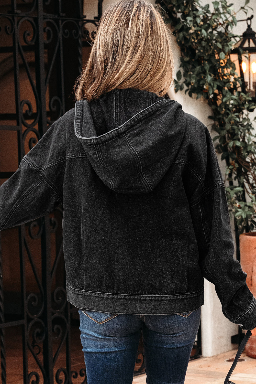 Threaded Pear Sage Pocket Drop Shoulder Hooded Denim Jacket