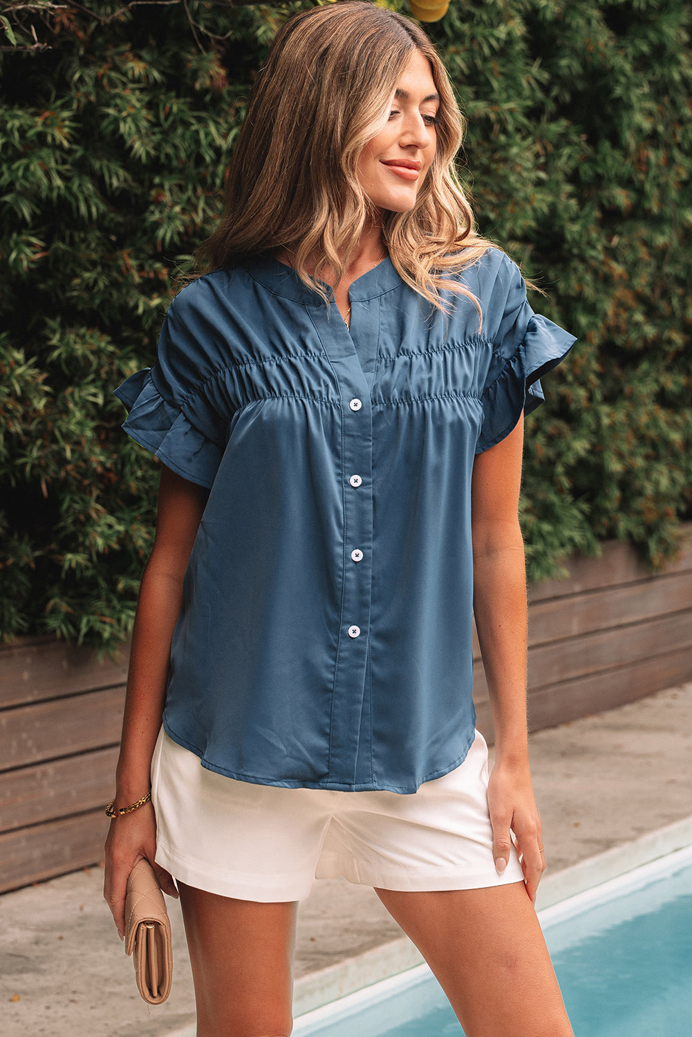 Threaded Pear Briana Ruched Short Sleeve Shirt