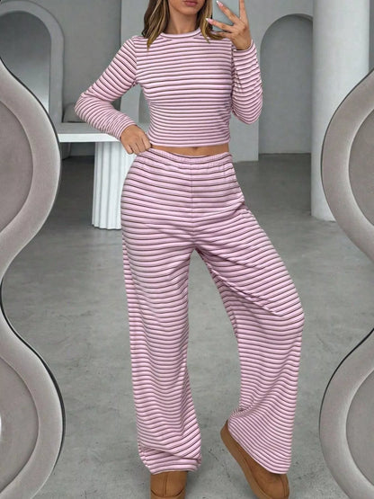 Striped Long Sleeve Crop Top and Wide Leg Pants Two-Piece Set