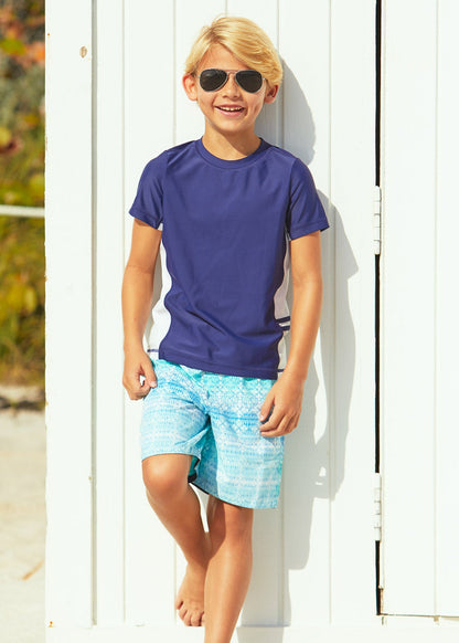 Boys Navy  Side Stripe Short Sleeve Rashguard