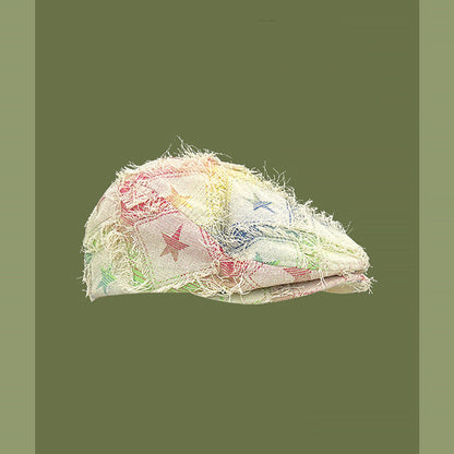 Colorful Plaid Star Distressed Beret — Korean Style Five-Pointed Hat