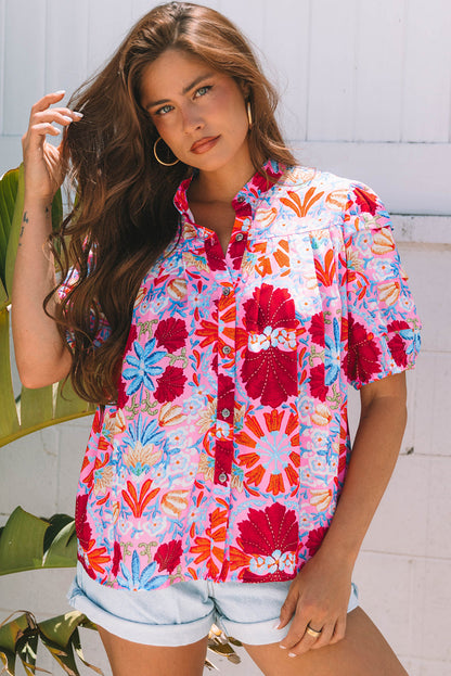 Threaded Pear Mikaela Floral Bubble Sleeve Button Up Pleated Shirt