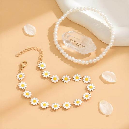 Pearl & White Enamel Goldtone Mum Stations Anklet Set