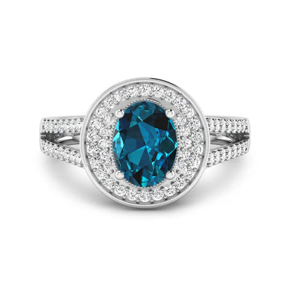 Genuine White Diamond and London Blue Topaz Halo Pave Ring