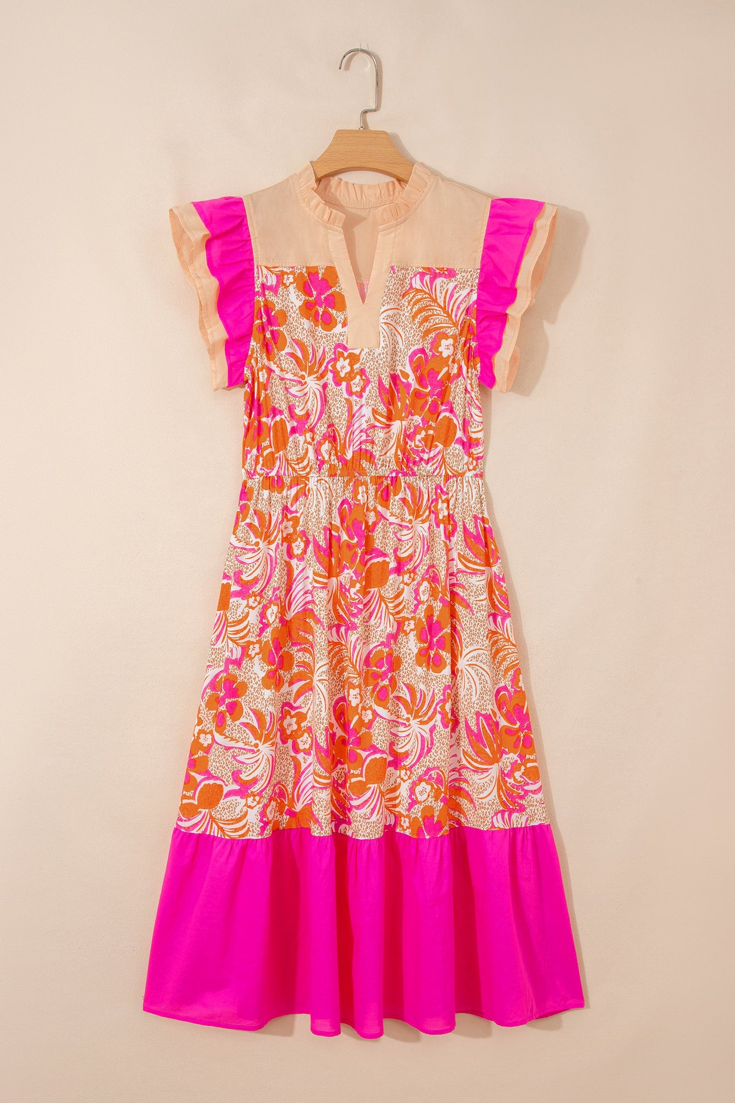 Rose Floral Print Color Block Ruffled Short Sleeve Flared Midi Dress - L - 12/14 / Rose