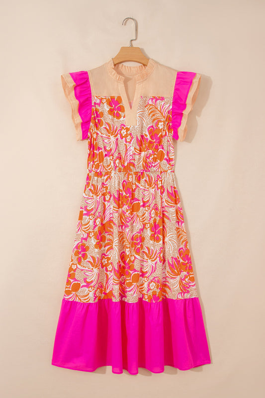 Rose Floral Print Color Block Ruffled Short Sleeve Flared Midi Dress - L - 12/14 / Rose