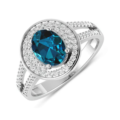Genuine White Diamond and London Blue Topaz Halo Pave Ring