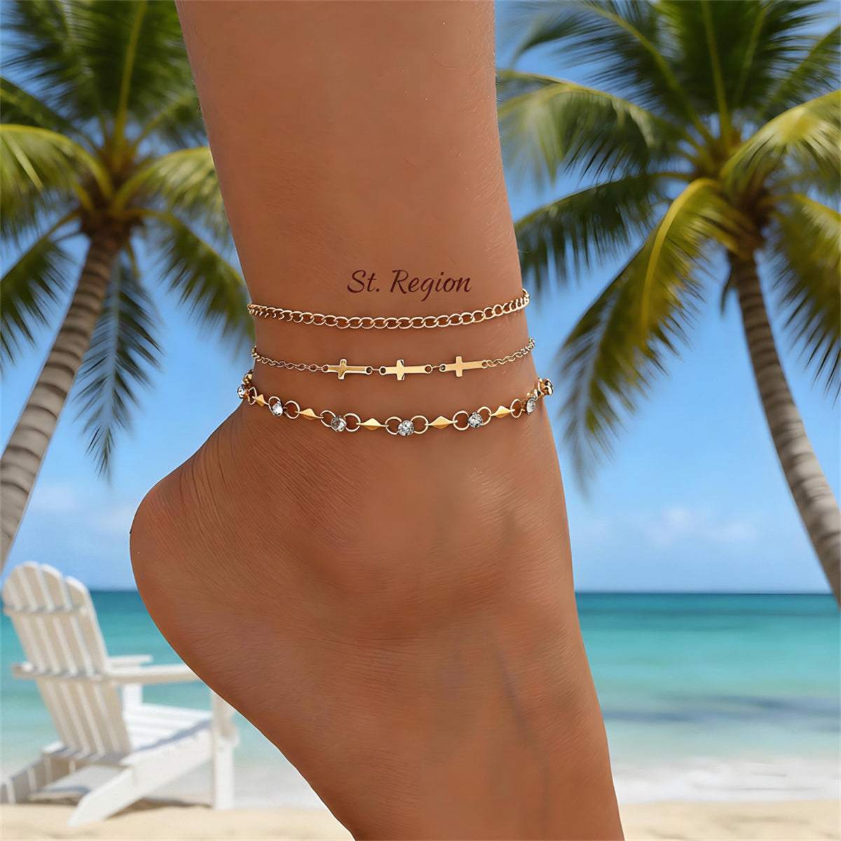 Cubic Zirconia & Goldtone Three Cross Charm Chain Anklet Set