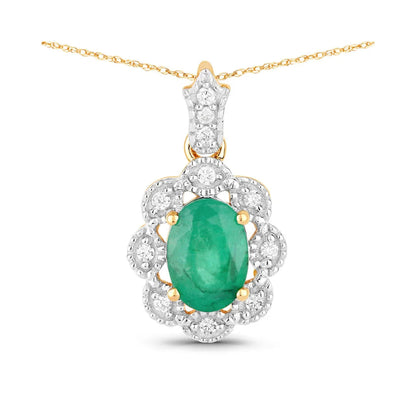 Genuine 10K Zambian Emerald Diamond Halo Pendant