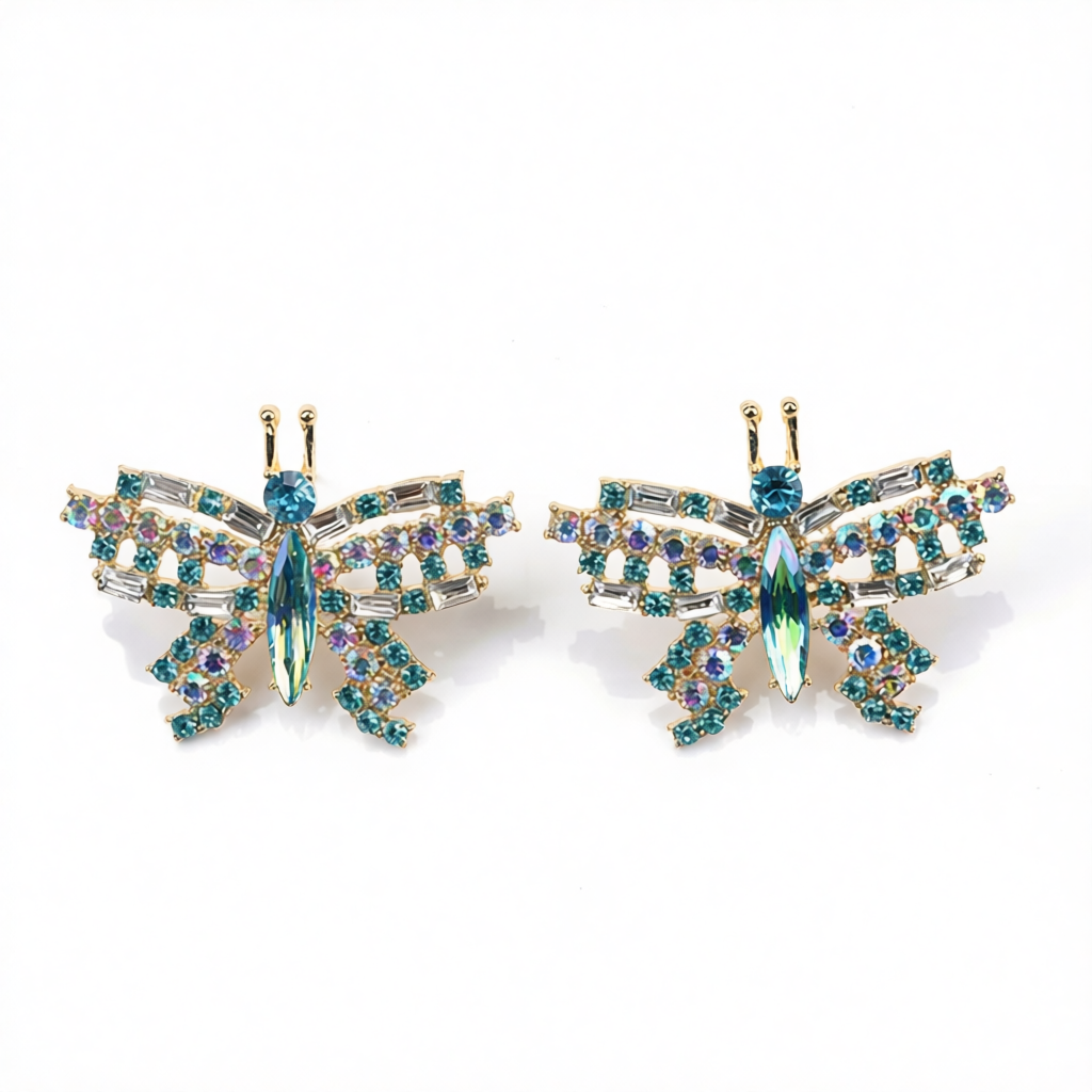 Green Crystal & Cubic Zirconia Butterfly Stud Earrings
